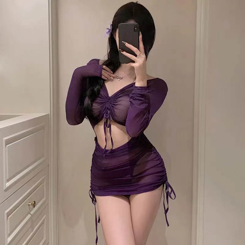 纯欲风紫色网纱透视长袖包臀睡裙女休闲睡衣