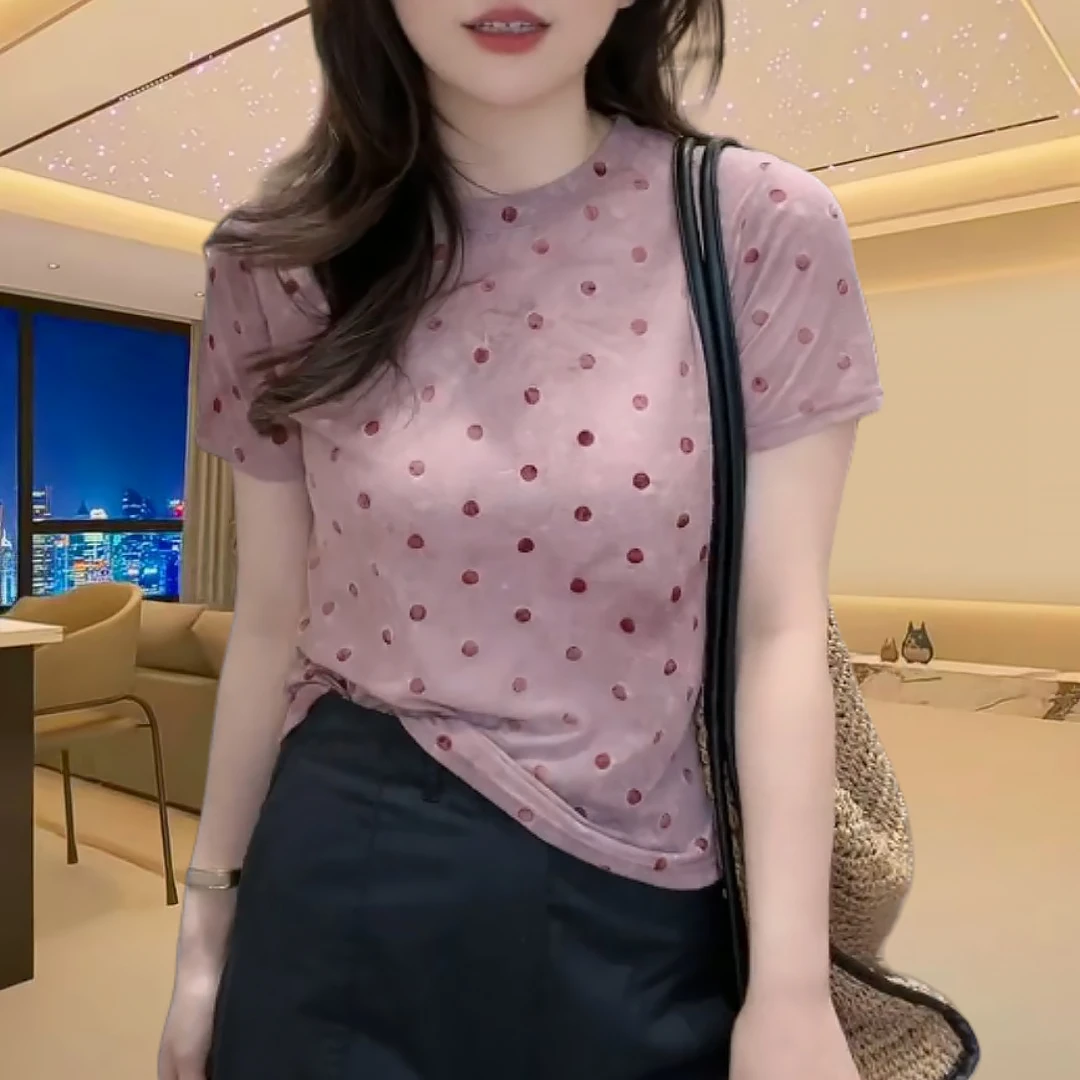 夏季修身圆领波点短袖T恤女2025休闲百搭薄款透气柔软弹力上衣