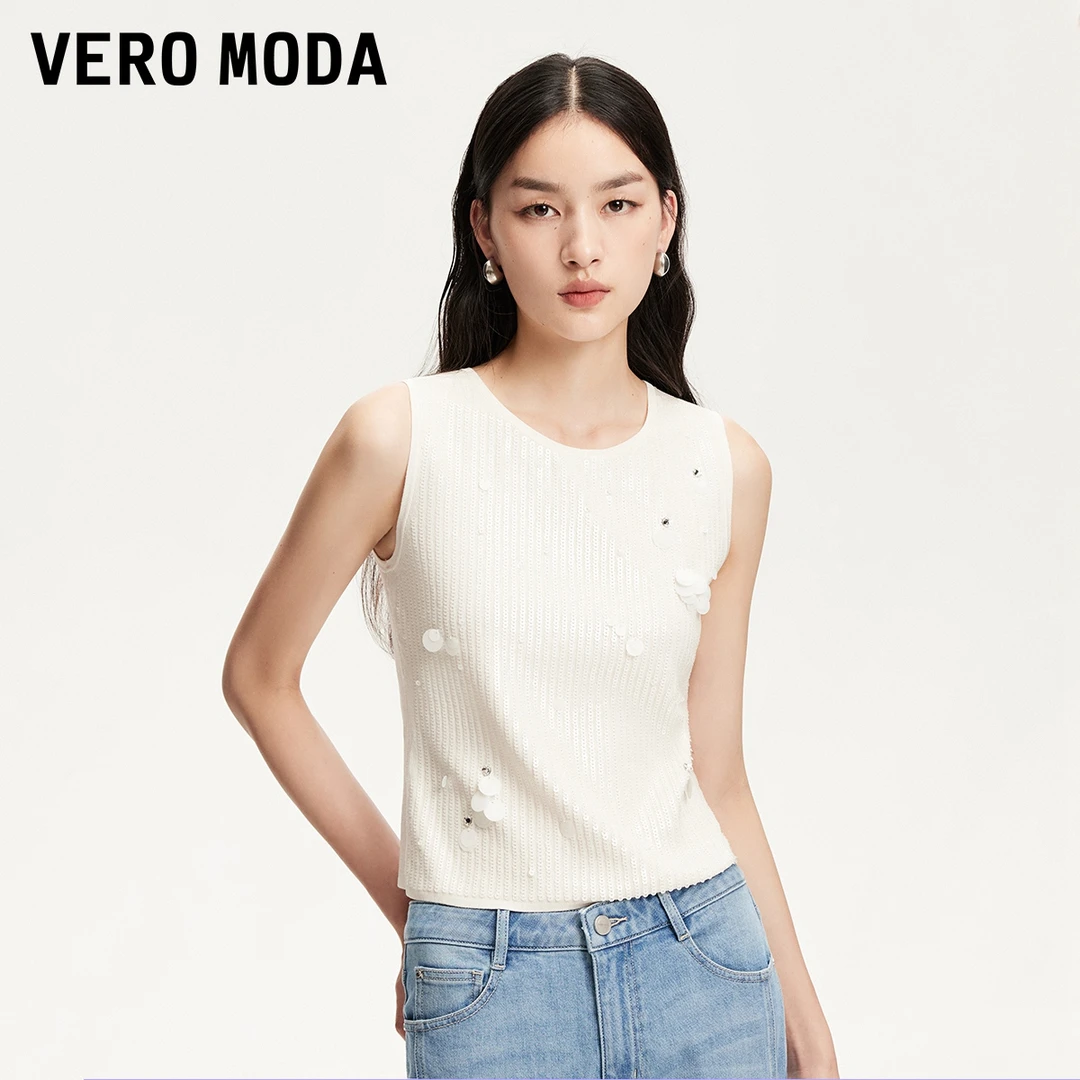 Vero Moda针织背心2025夏日穿搭圆领亮片材质短款上衣325245015
