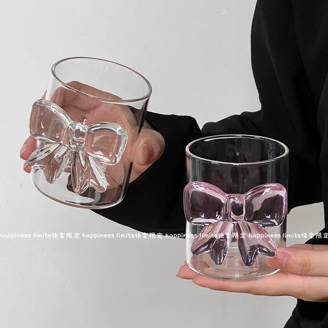 轻奢粉色大蝴蝶结玻璃杯ins风冷饮杯果汁杯美式咖啡杯早餐牛奶杯