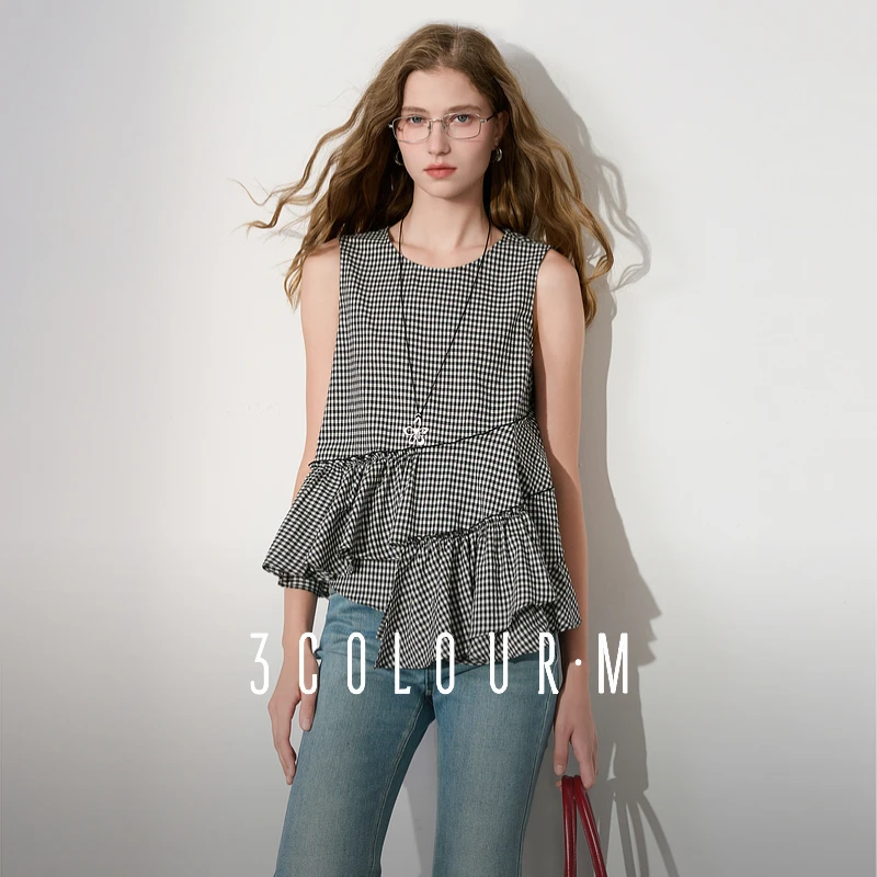 三彩2025夏季新款宽松圆领无袖背心设计感雪纺衫套头上衣M