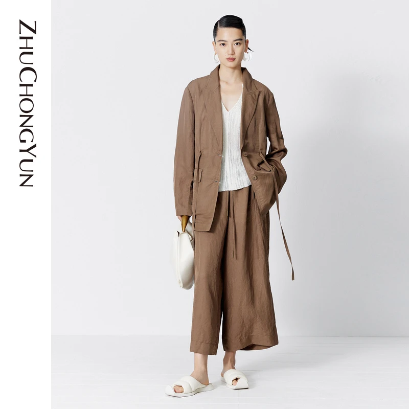 ZHUCHONGYUN2023夏新款亚麻宽松系带西装外套C1DE21683