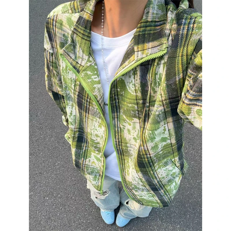 牛油果绿扎染格子夹克男女款秋季少年感穿搭衬衫cleanfit情侣外套