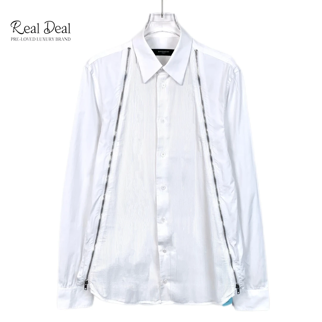 99新 Givenchy/纪梵希 J13712 白色斜拉链棉质翻领单排扣长袖衬衫
