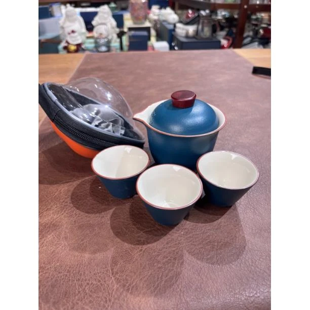 070深蓝色一壶三杯旅行茶具