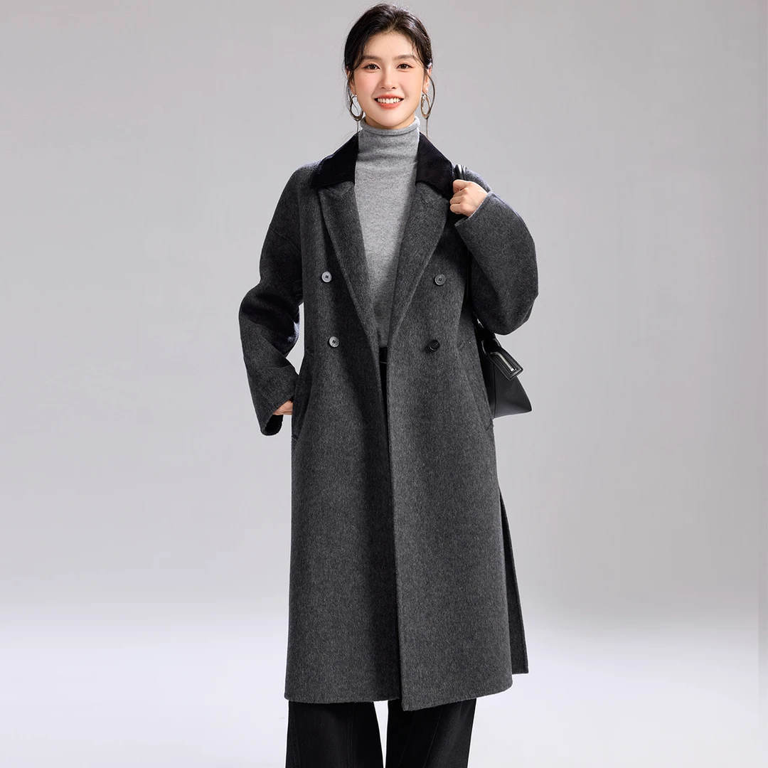 金菊【含羊绒羊毛大衣】25秋冬新款拼色翻领双排扣时尚宽松长款外套