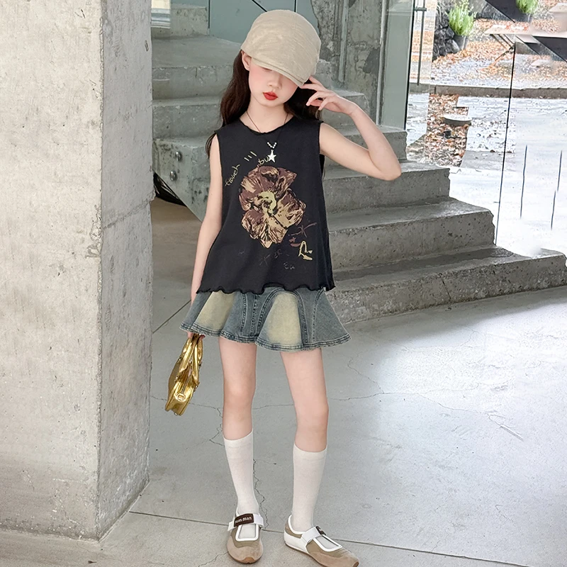 夏季女童休闲套装卡通动漫复古时尚套头夏装印花无袖韩版牛仔短裙