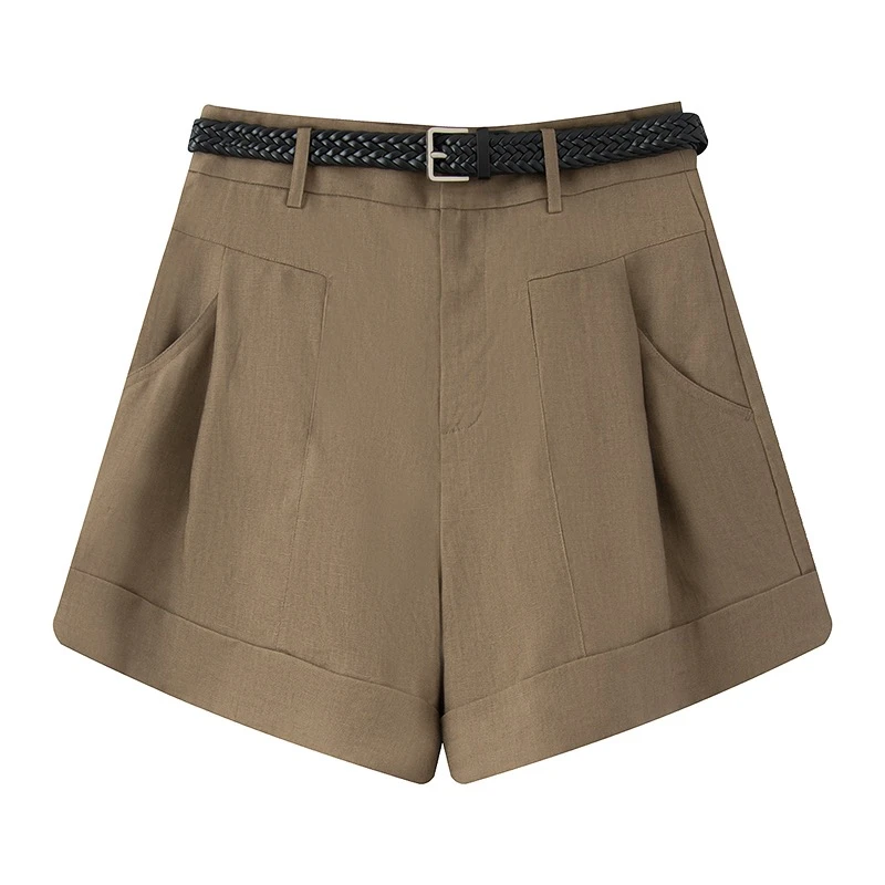 同款2025夏新款百搭高腰亚麻配腰带休闲短裤3057