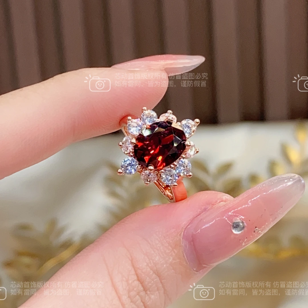 新品戒指【花卉】8x10mm石榴红满钻镶嵌新中式设计满钻指环k4357