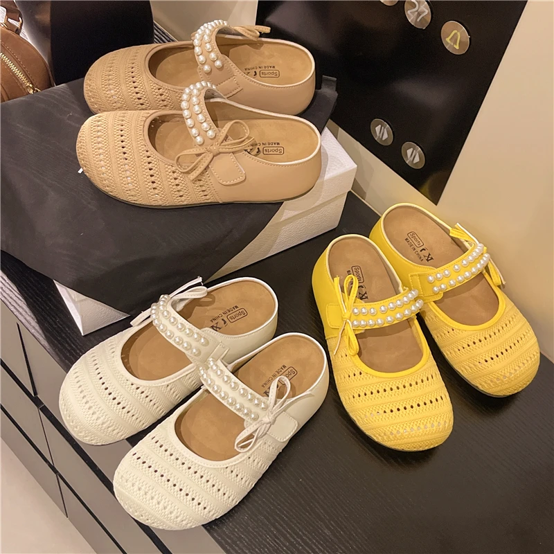 5CM透气飞织小珍珠~~内增高包头拖鞋女百搭夏季网面懒人鞋玛丽珍