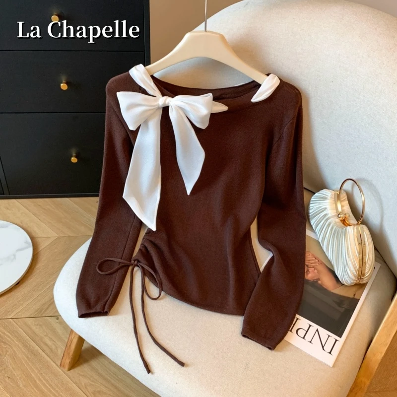 拉夏贝尔秋冬丝巾系带长袖针织衫女斜肩内搭打底衫设计感修身上衣