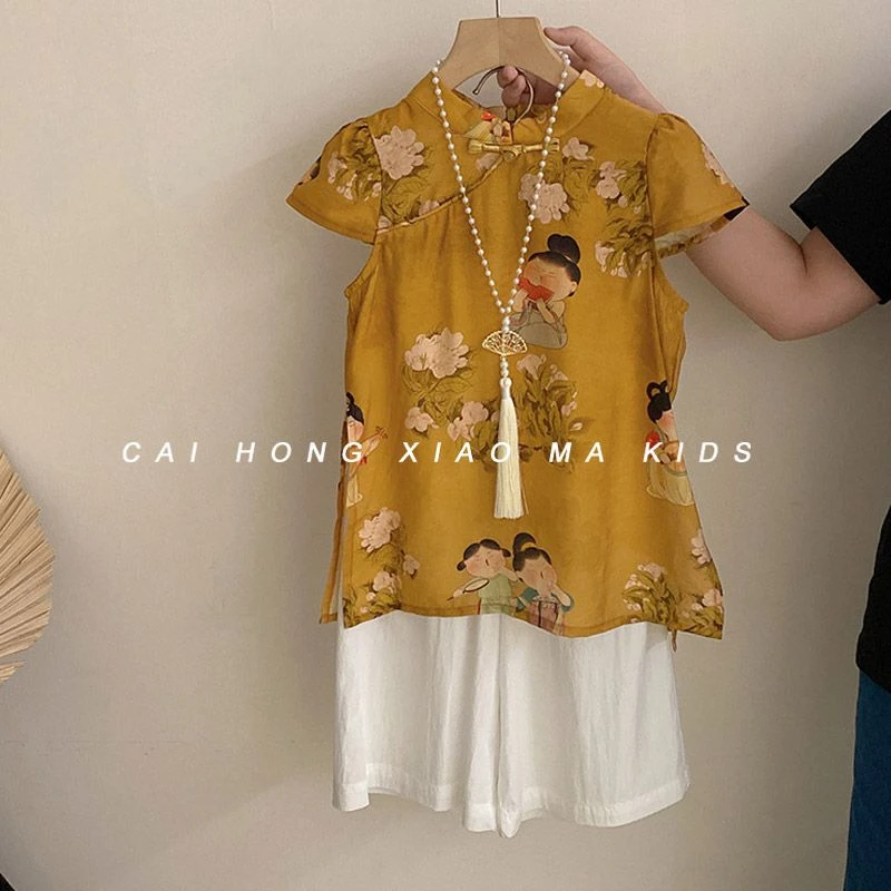 女童套装2025新款夏季儿童新中式印花短袖旗袍女宝宽松裤子两件套