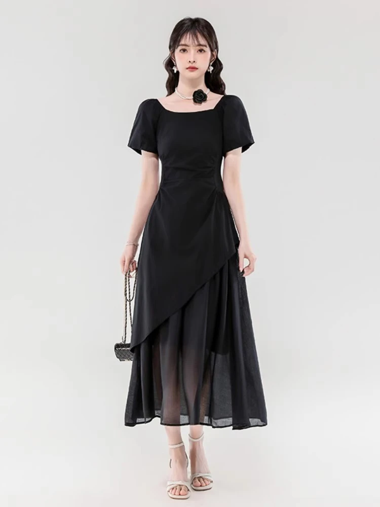 韩版方领褶皱收腰不规则别致长裙子女夏季新款设计感假两件连衣裙