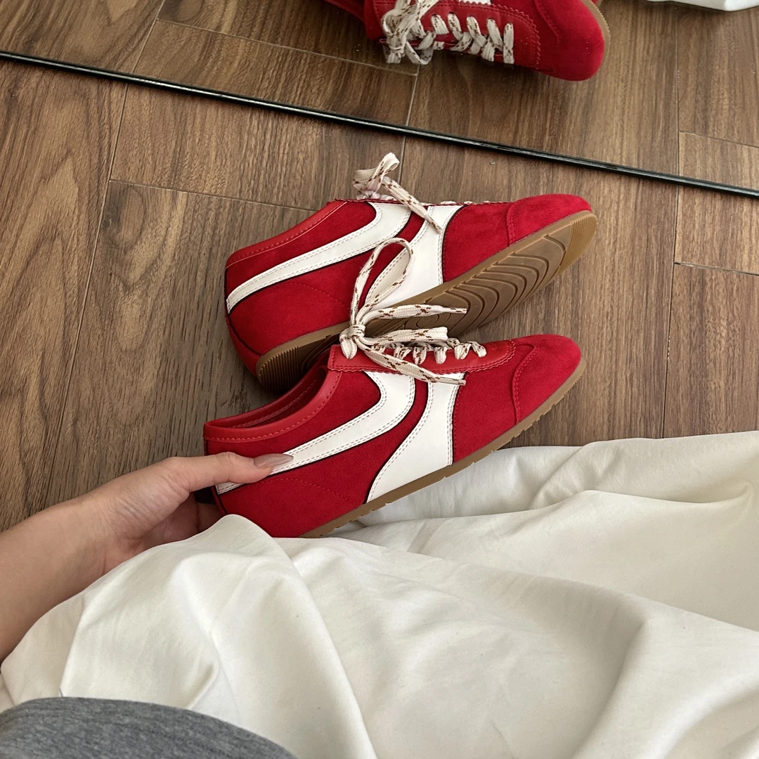 增高休闲板鞋低帮纯色平跟圆头胶粘复古小白鞋单鞋平底百搭拼色