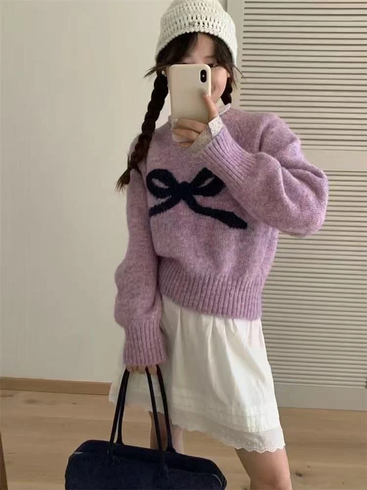 韩系风提花蝴蝶结套头毛衣女秋冬软糯甜美慵懒风针织衫上衣