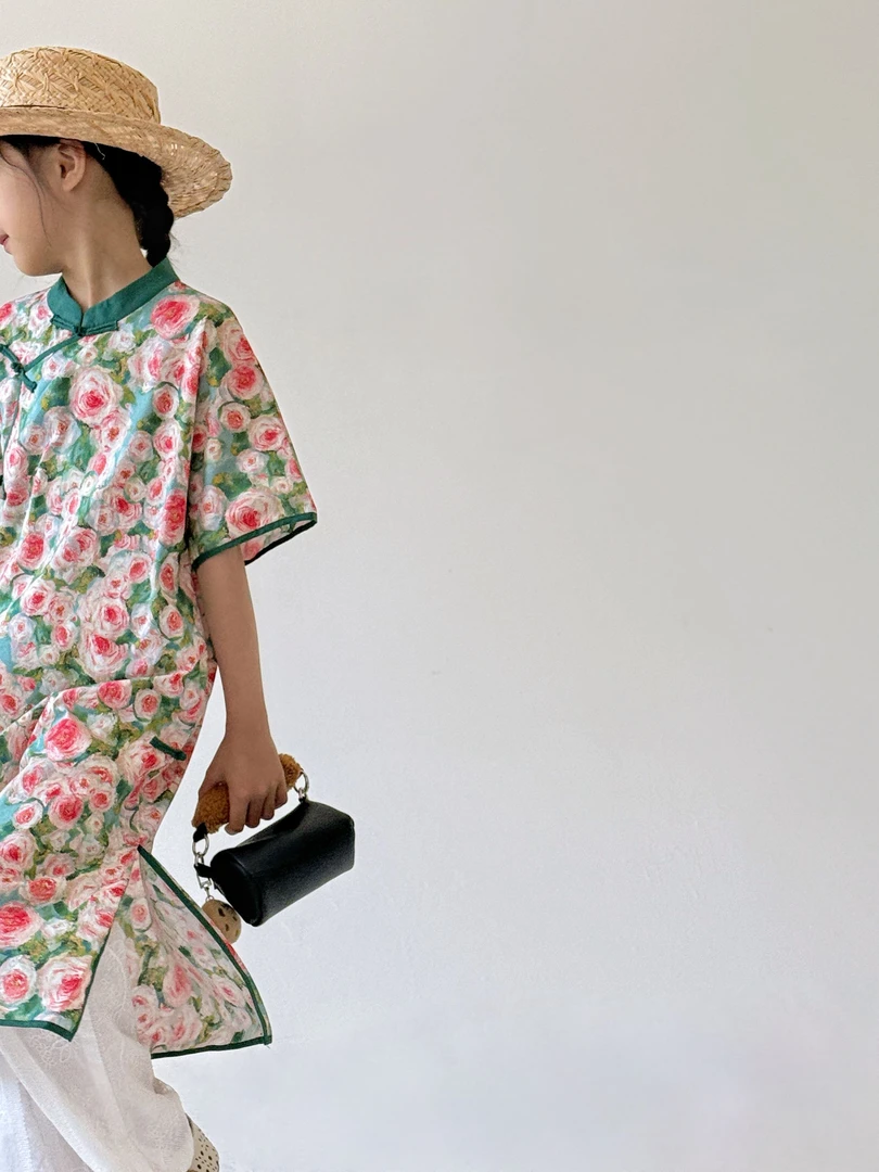 『蔷薇花』小众设计师新中式高支棉数码印手工盘扣旗袍裙 亲子