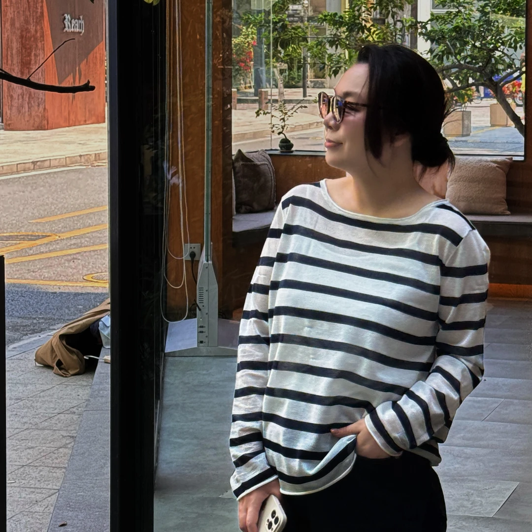 Ms.Qnn“轻松假日”  亚麻莱赛尔长袖条纹针织衫 36T418 Q姐