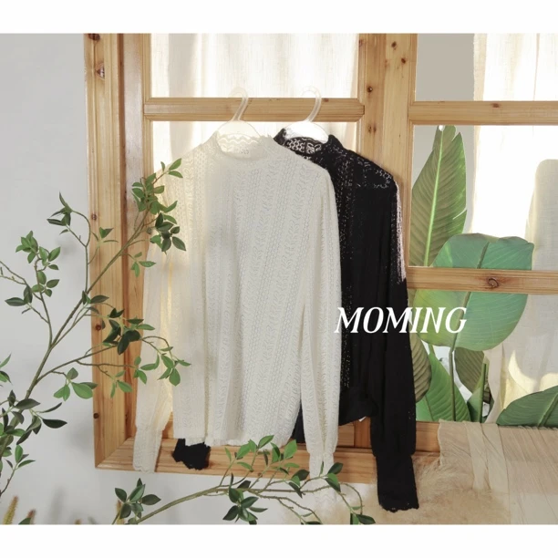 MOMING早秋新品 韩系温柔感百搭树叶磨毛蕾丝打底衫