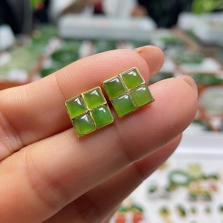 银S925镶嵌和田玉（碧玉）耳饰