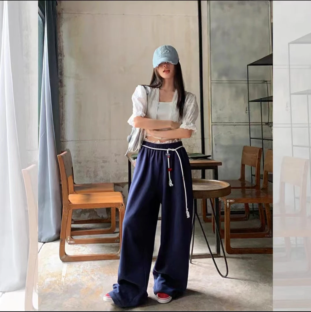 清清  宋正恩宽松休闲高腰直筒裤蕾丝腰头阔腿裤显瘦拖地裤AA8969