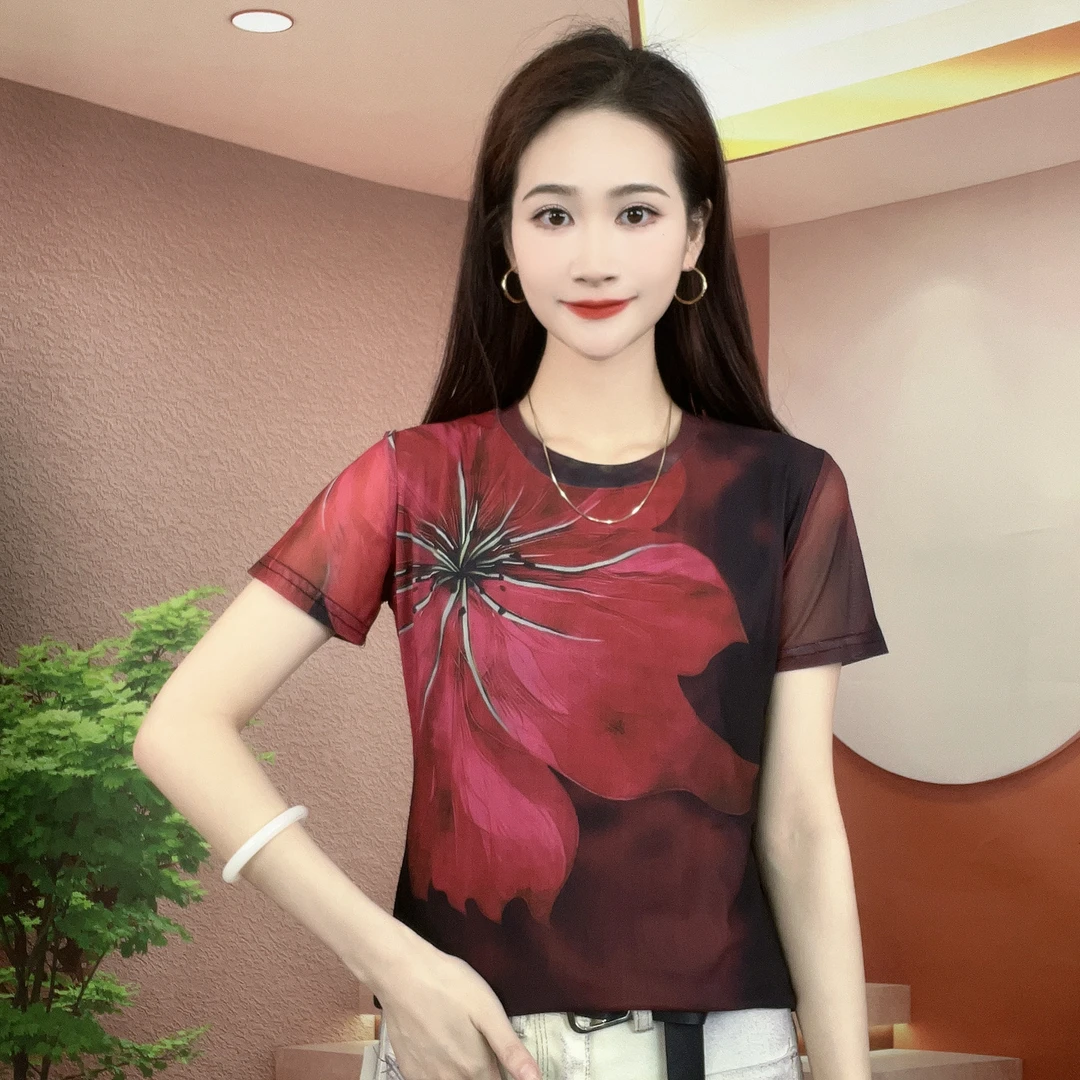 2025夏季新款短袖圆领肌肤纱时尚显瘦印花T恤上衣A256