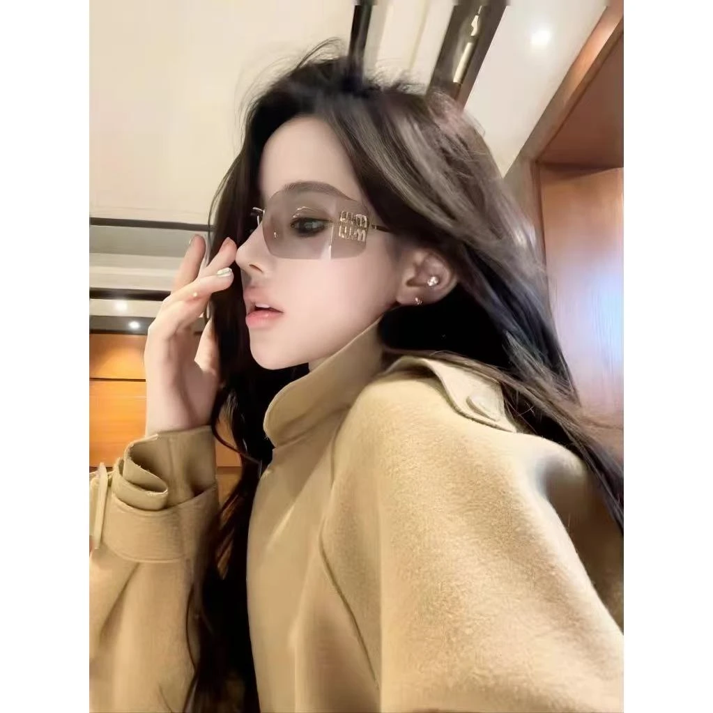 欧美风无框大方圆脸显瘦高级感复古茶色墨镜女千禧辣妹太阳镜