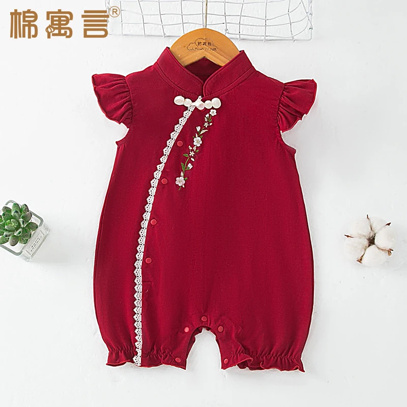 国风婴儿衣服夏季薄款女宝宝新中式连体衣满月百天礼服公主风哈衣