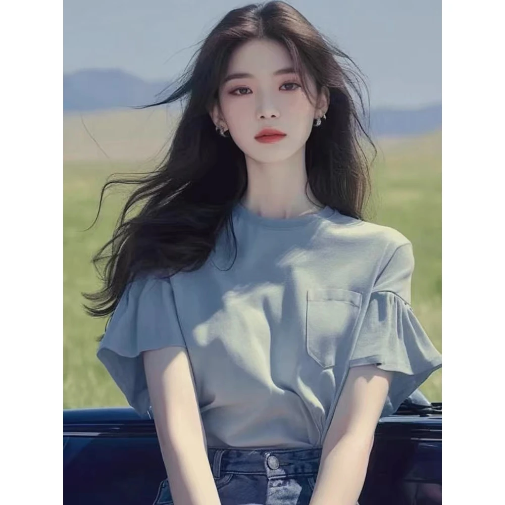 T恤2025新款小个子小众别致超好看减龄洋气显瘦雾霾蓝荷叶边上衣