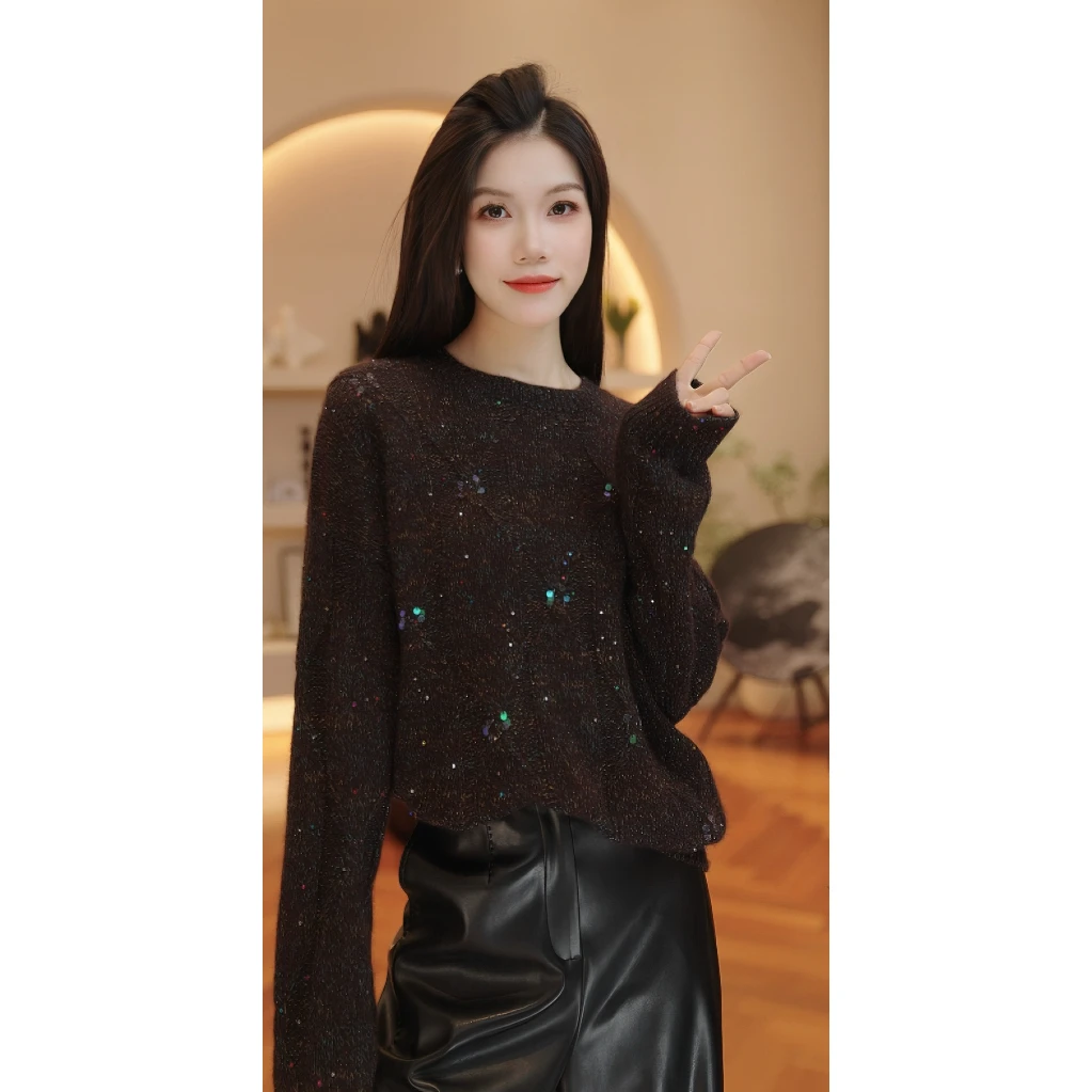 THE MENG【民谣】羊毛兔毛亮片时尚气质百搭针织毛衣#M254E1594 TZ