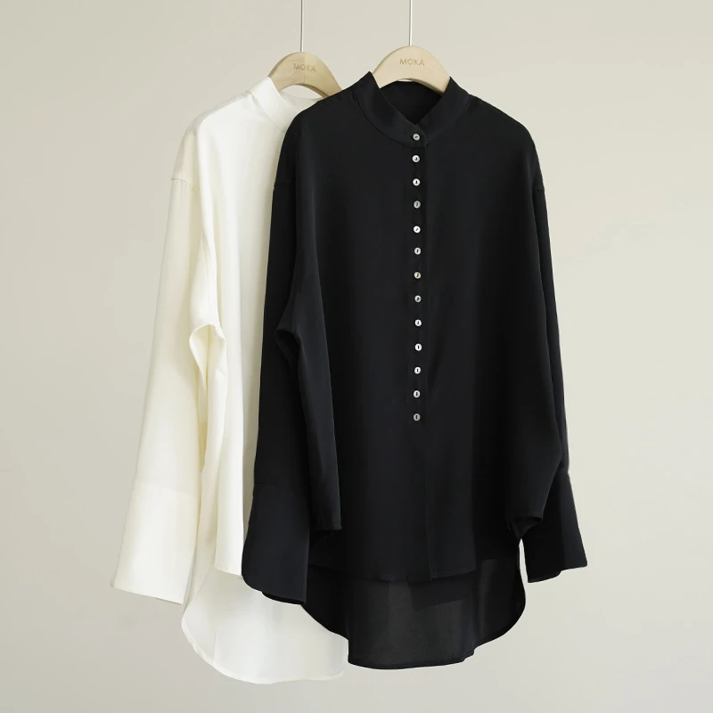 极简知性 法单弹力重绉桑蚕丝小立领高级感女士真丝衬衫（250298）