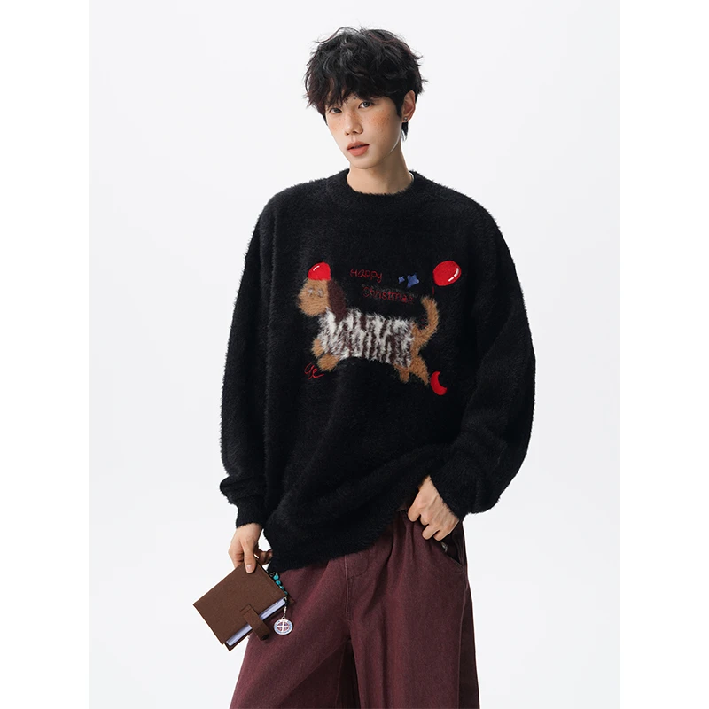 美式海马毛腊肠狗男女毛衣秋季潮牌宽松慵懒感垂感情侣针织衫外套