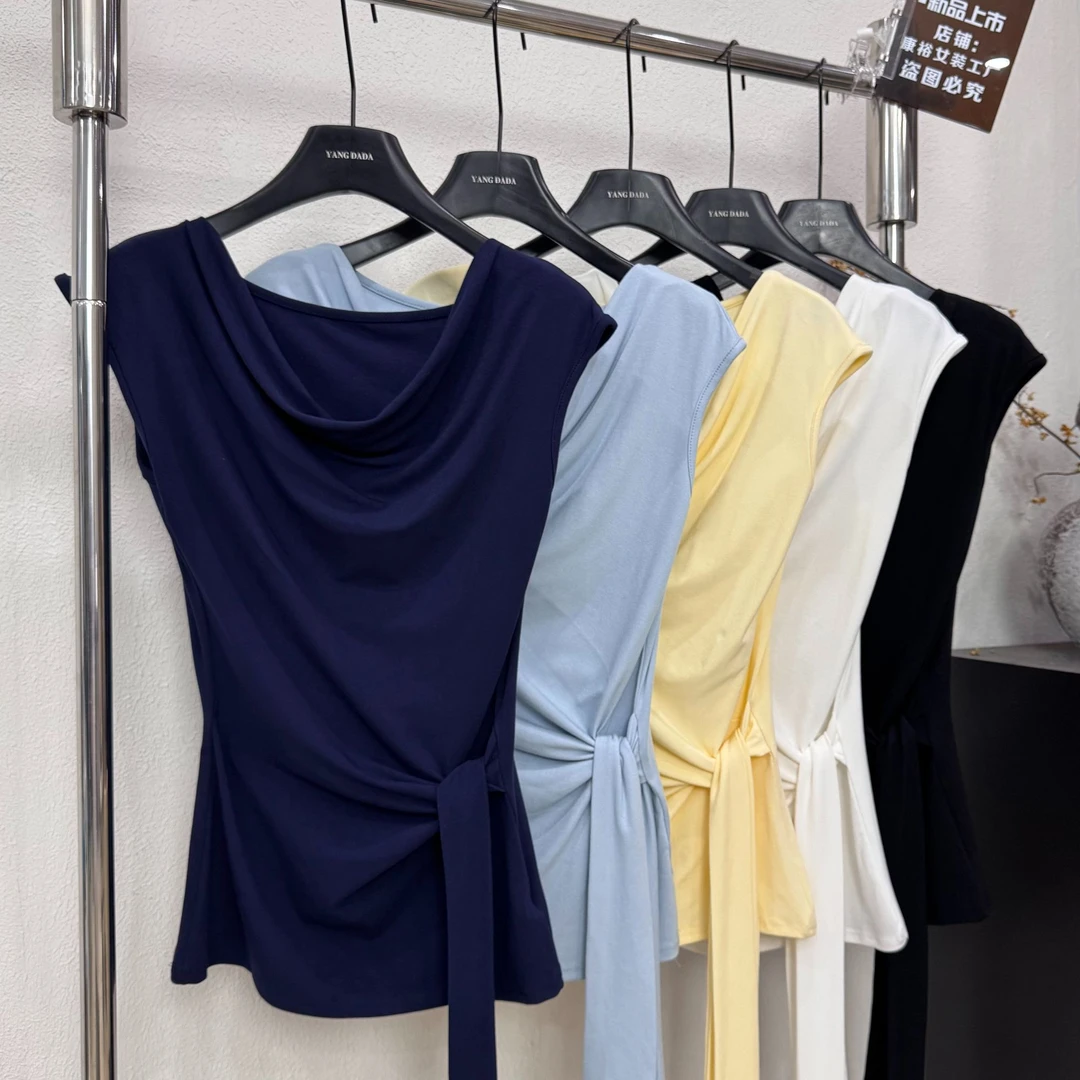 韩系多种穿法法式荡领一字肩吊带女新款外穿修身显瘦气质收腰上衣