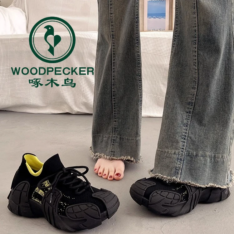 啄木鸟爆款松糕厚底老爹鞋女增高2025新款春秋透气网面休闲运动鞋