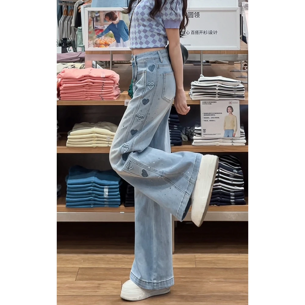 078夏季新款2025浅蓝色直筒牛仔裤轻奢爱心刺绣小众显瘦垂感长裤