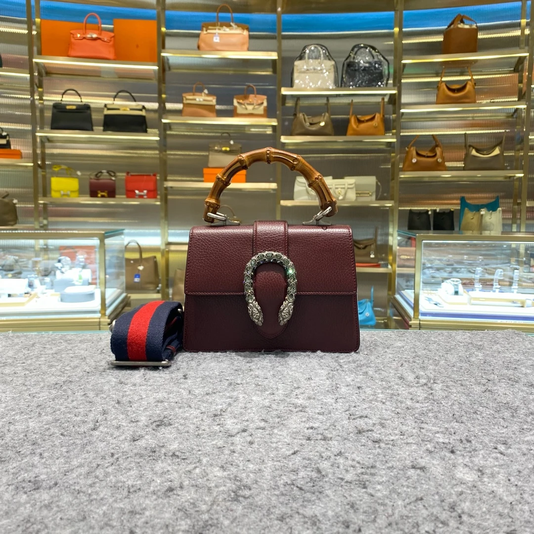 99新 GUCCI/古驰 钻扣酒神红色竹节包 原价24900