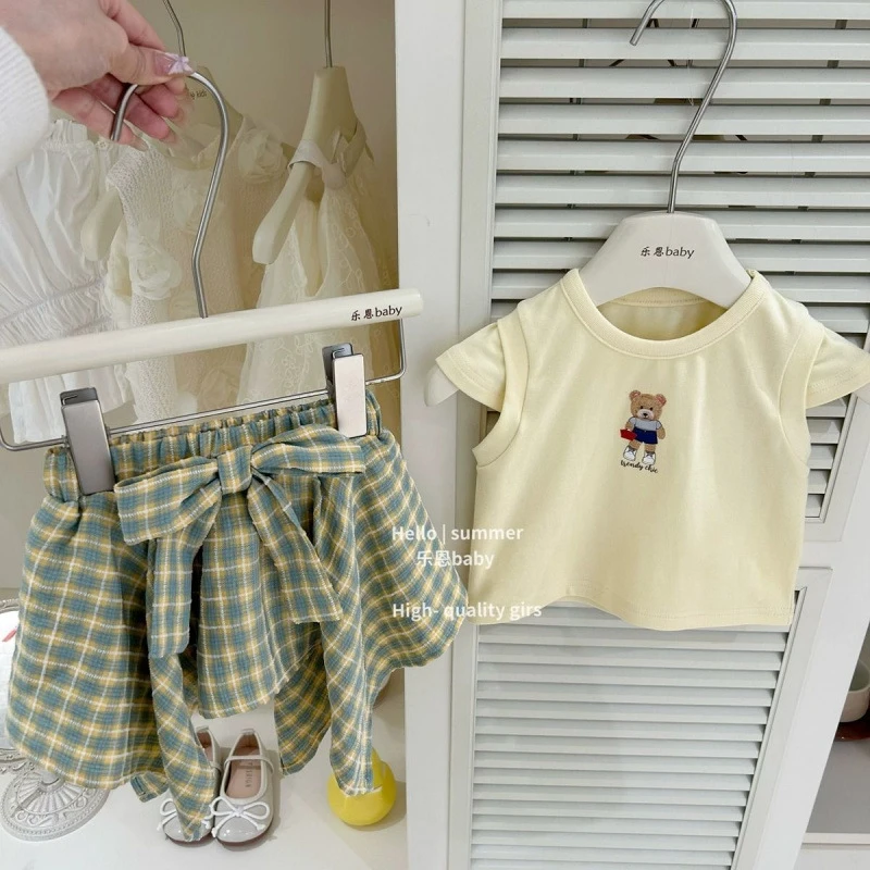 女童短袖T恤2025夏季新款小熊裙裤套装女孩洋气格子裙裤两件套