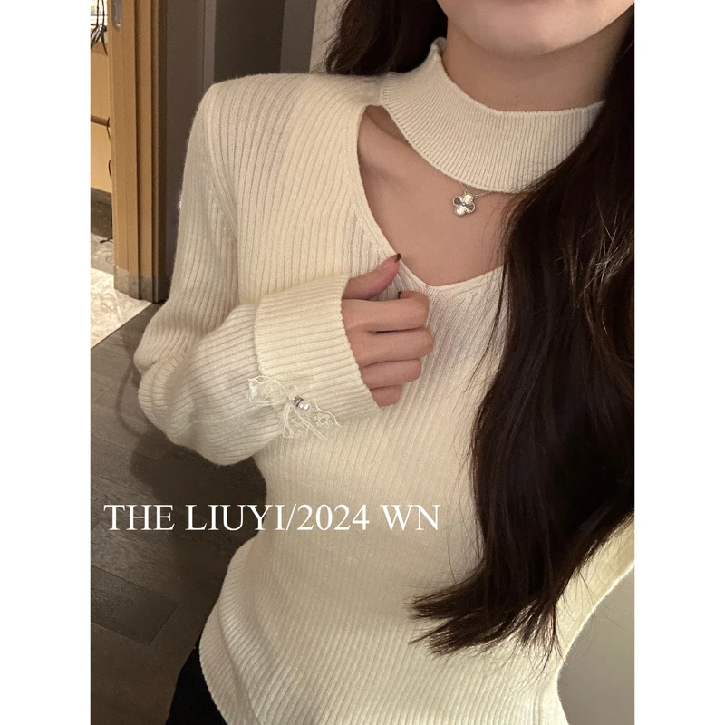 【LIUYI】气质女神~羊毛混纺镂空挂脖针织上衣411215