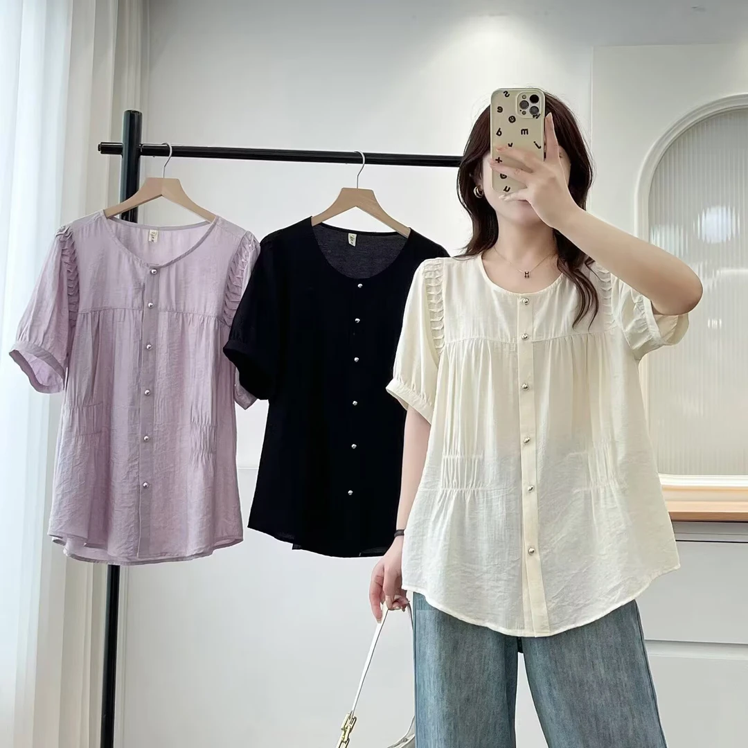 大码胖mm减龄显瘦设计感褶皱短袖衬衫女夏季新款宽松洋气小衫139