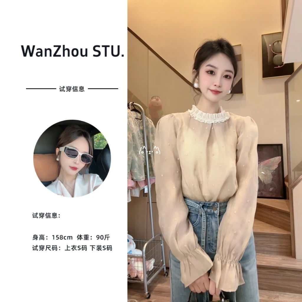 波点蕾丝立领花打底衫女春季设计感小众网纱雪纺衫长袖内搭衬衫