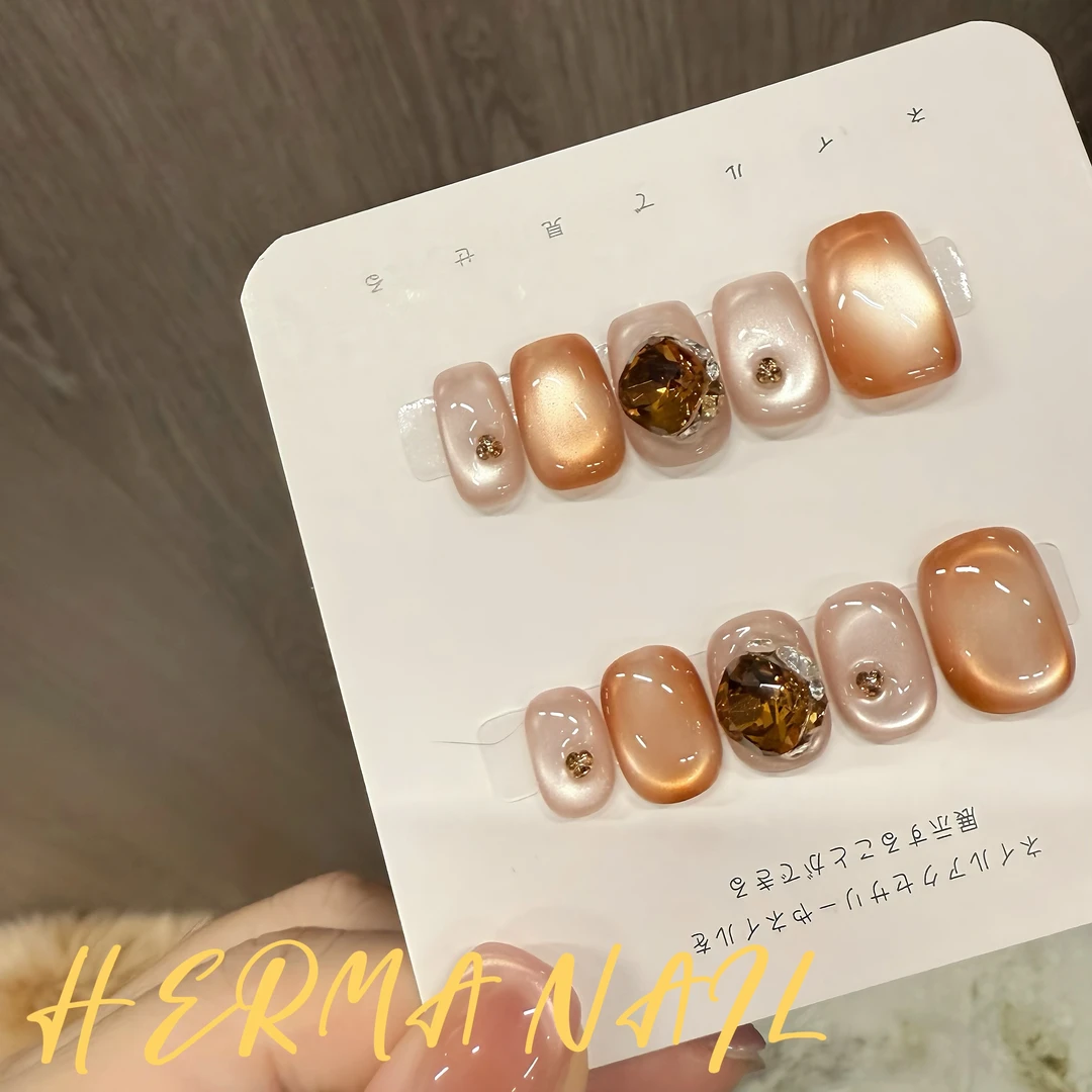 【巴黎旧梦】秋冬猫眼玻璃珠方糖钻手工穿戴甲可拆卸美甲10片装