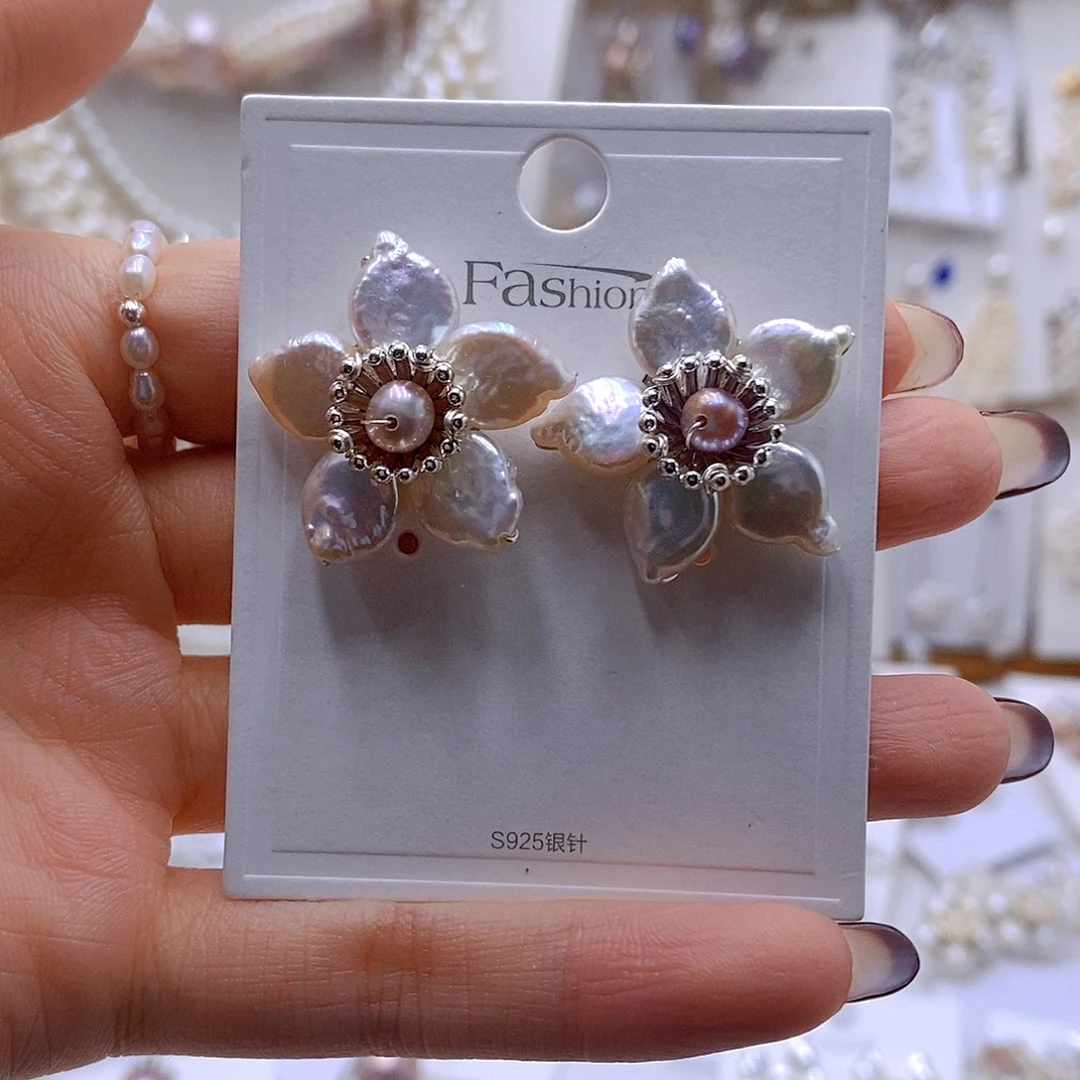 t***i耳饰银S925镶嵌淡水珍珠