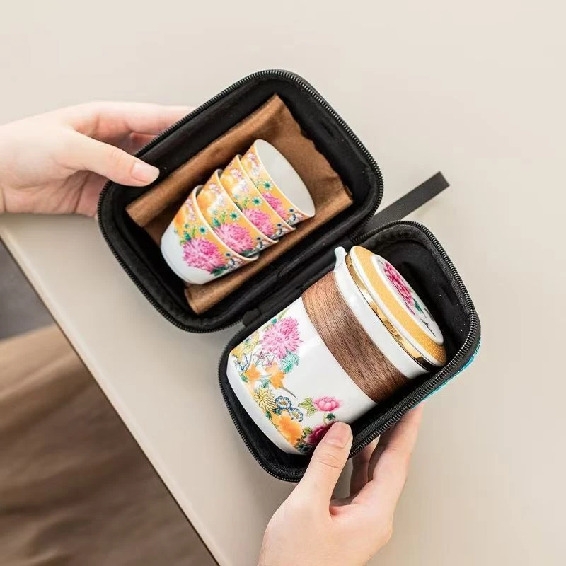 高档白玉瓷快客杯旅行茶具繁花似锦一壶四杯车载户外便携功夫茶具