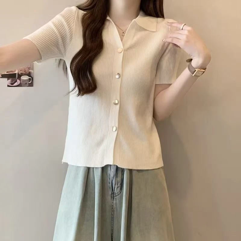 【现货】夏季新款POLO领纯色开衫修身显瘦百搭气质时尚洋气针织衫女