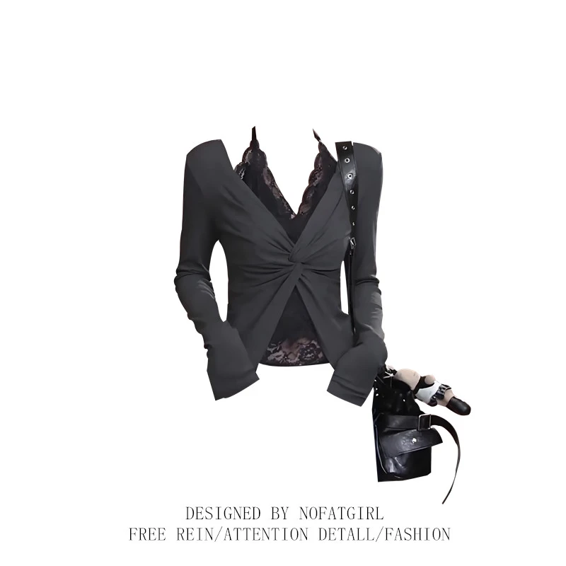 大码胖MM纯欲风V领扭结蕾丝长袖t恤女秋季设计感绝美收腰百搭上衣