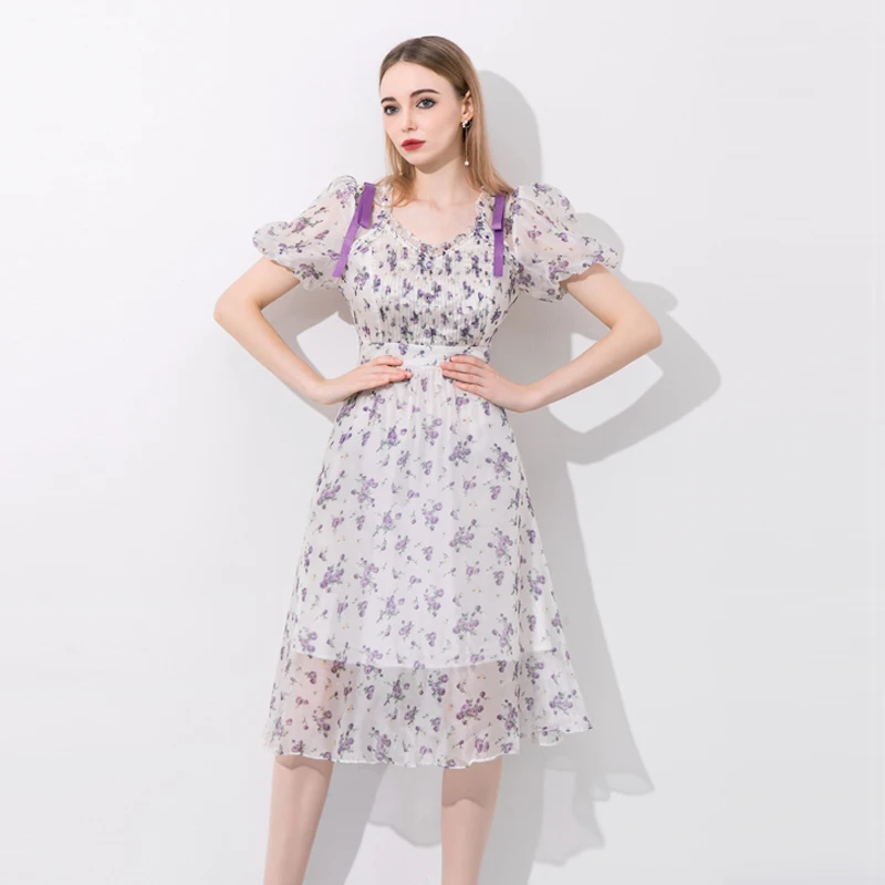 夏季新款女装时尚碎花气质名媛优雅甜美法式方领显瘦连衣裙1556