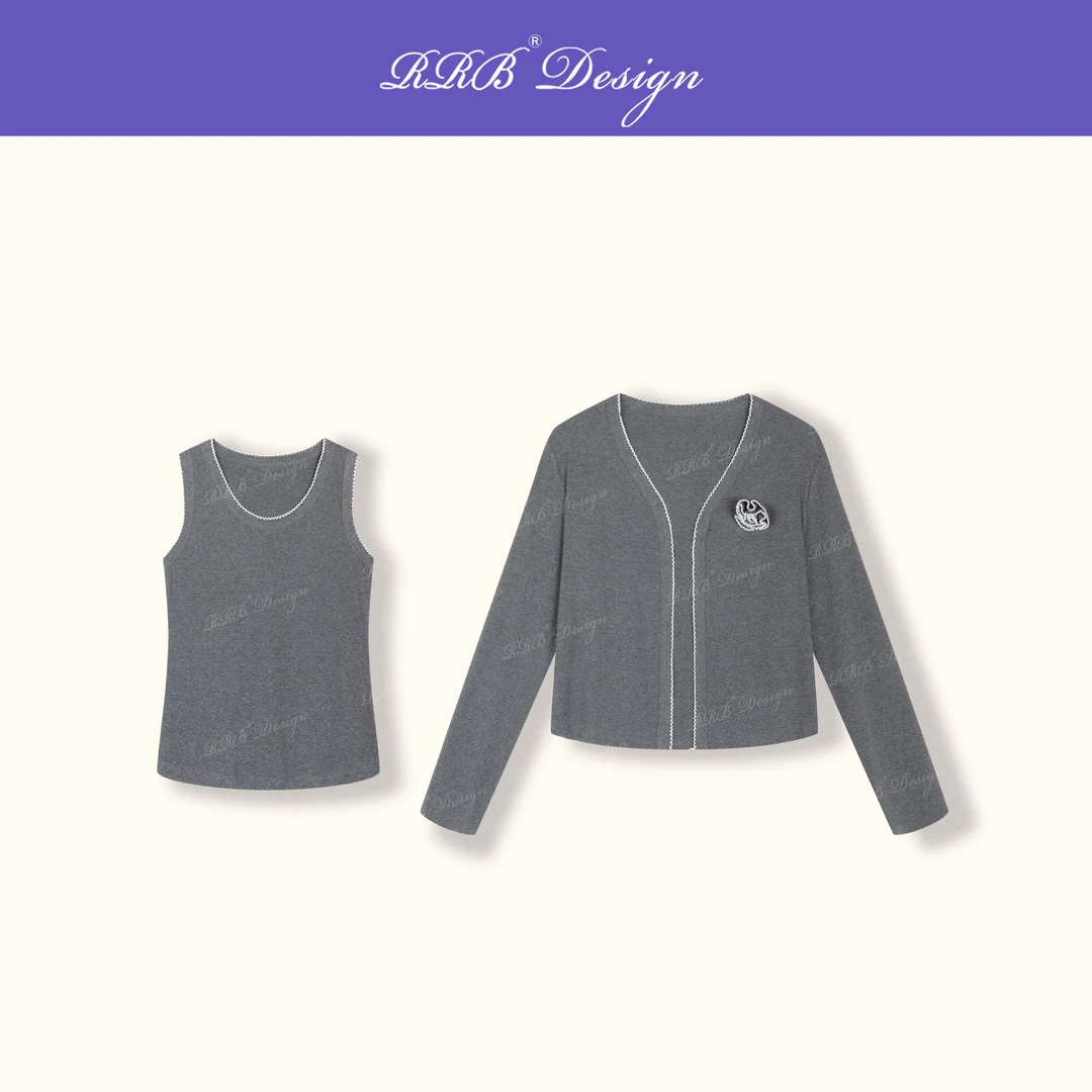 RRB Design 「缪斯」手工钩花专机简约U领背心+胸花长袖开衫两件套