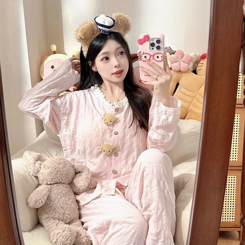 韩系立体卡通小熊带胸垫睡衣少女春秋季泡泡棉长袖秋冬家居服套装