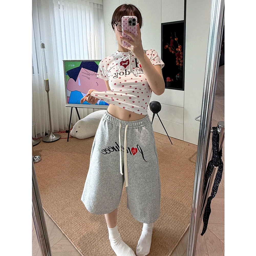 复古时尚爱心字母印花设计感七分裤女春夏款宽松显瘦阔腿休闲短裤