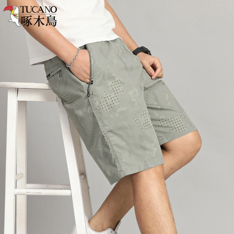 啄木鸟夏季新款透气外穿短裤男纯棉印花宽松休闲运动五分沙滩裤