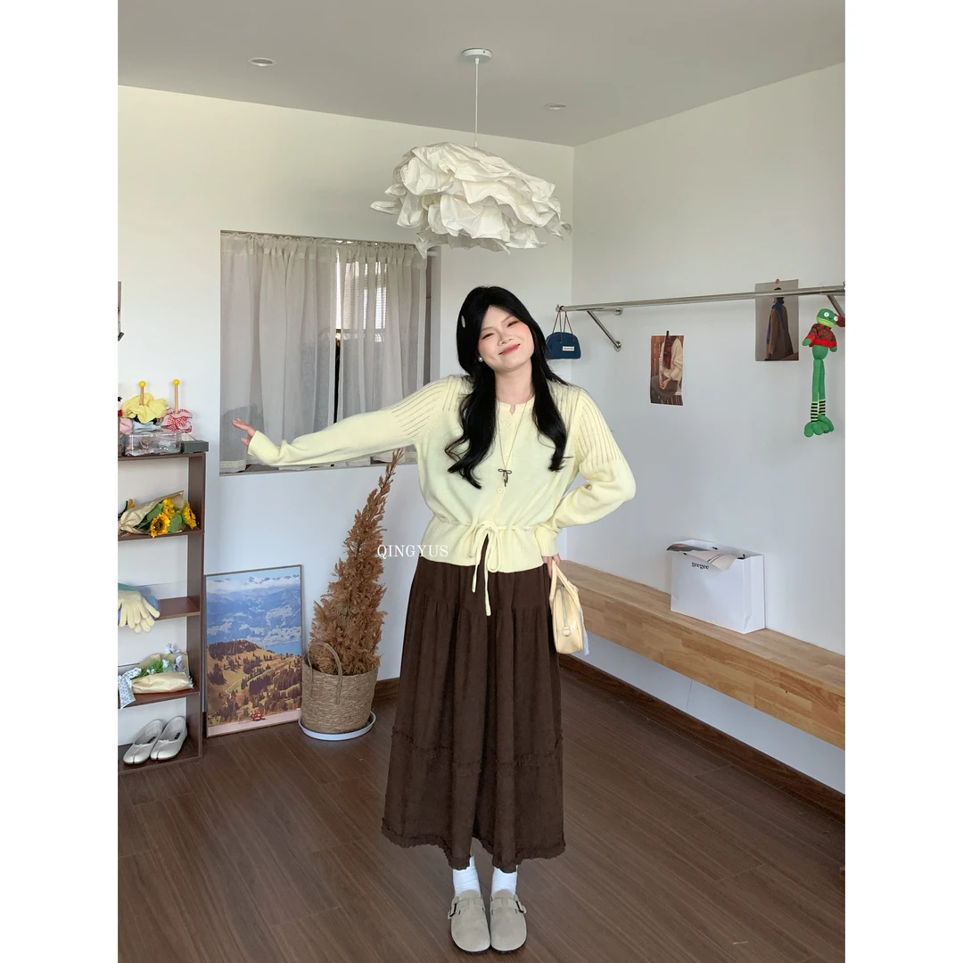 青屿衫-微胖显瘦韩系温柔风气质系带针织开衫女百搭上衣秋季大码